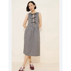 Motel Prelith Gray Gingham Tie-Front Midi Dress Women's Size S Cottage Preppy
